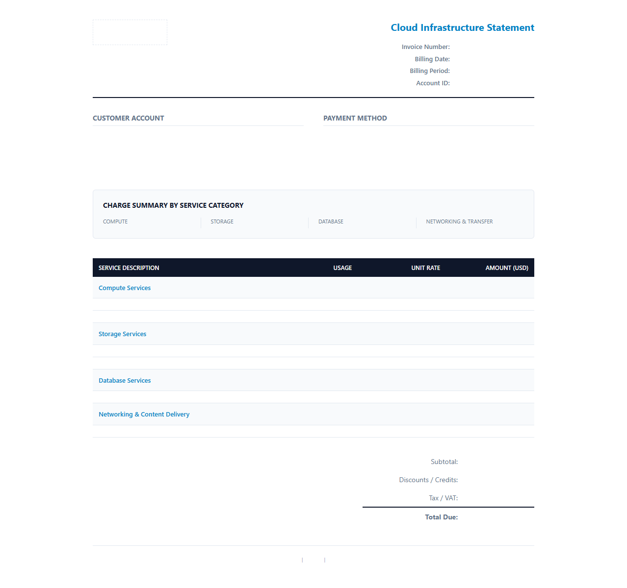 Monthly Cloud Infrastructure Billing Statement Template