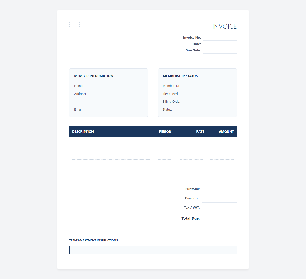 Monthly Club Membership Subscription Invoice