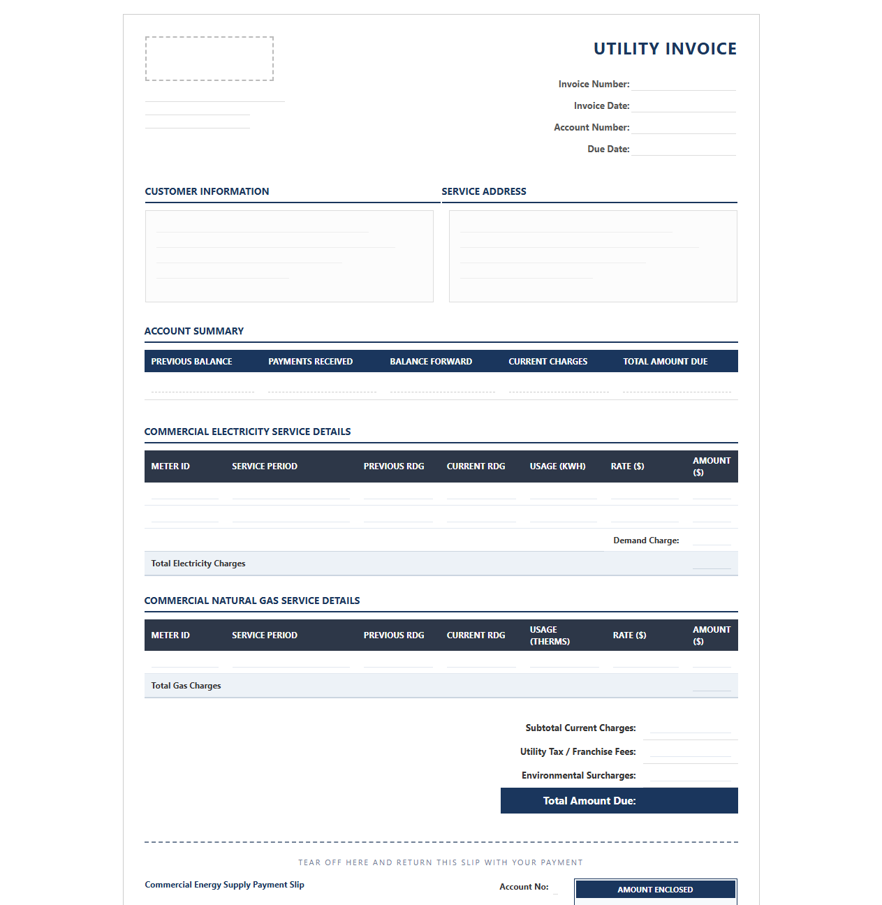 Monthly Commercial Electricity and Gas Utility Invoice