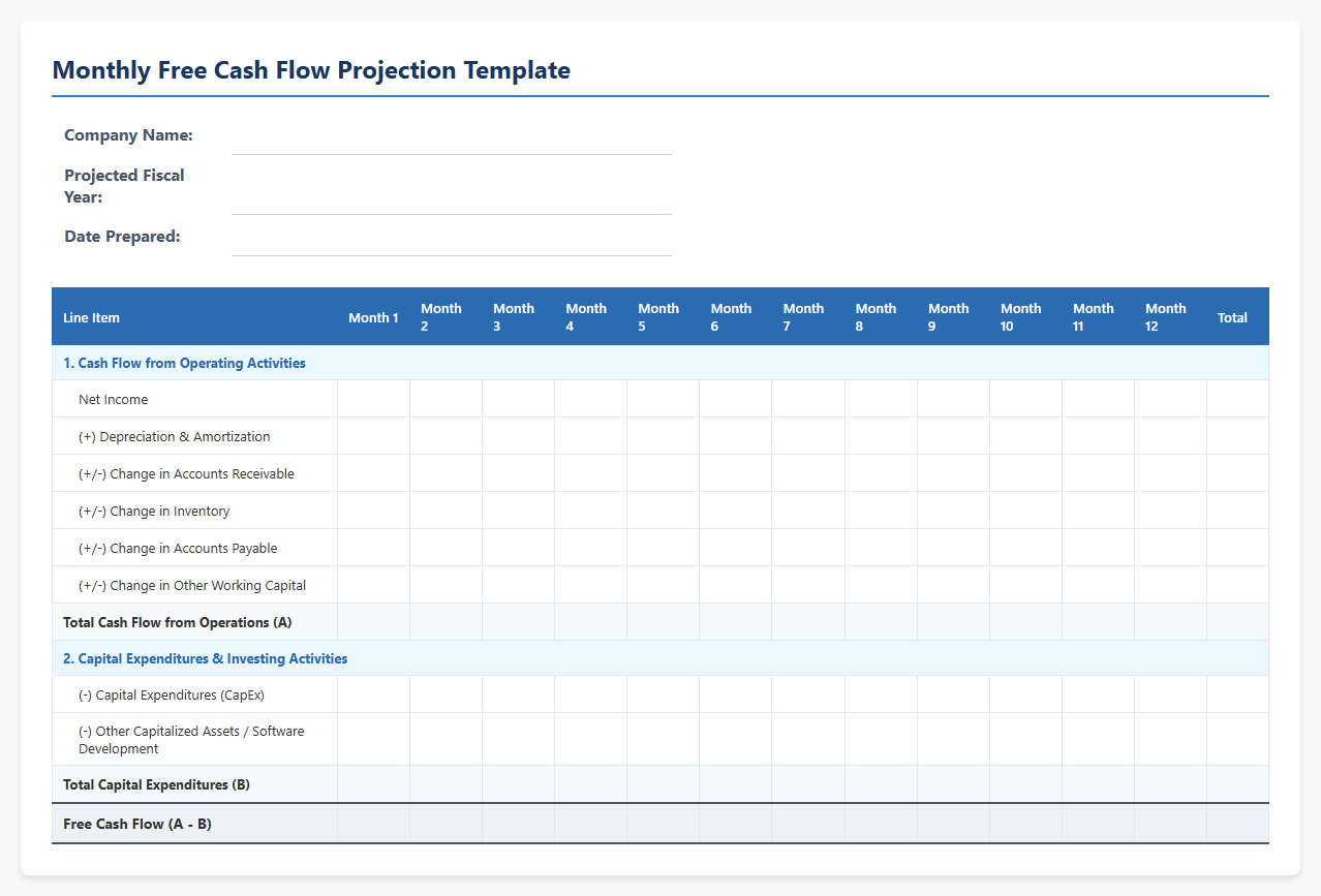 Monthly Free Cash Flow Projection Template