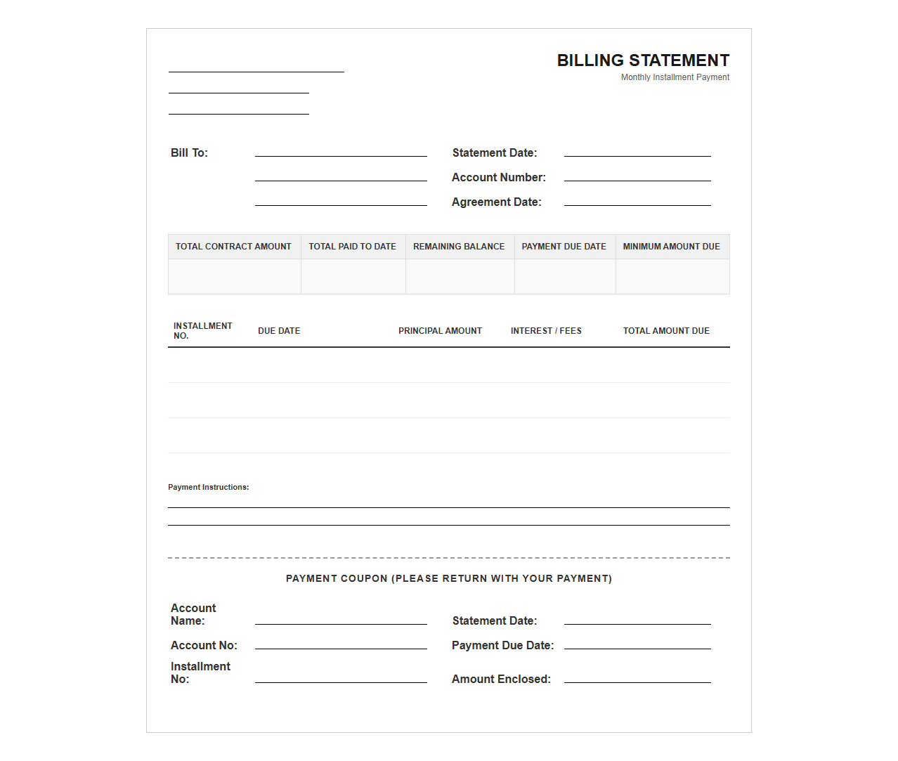 Monthly Installment Payment Billing Statement