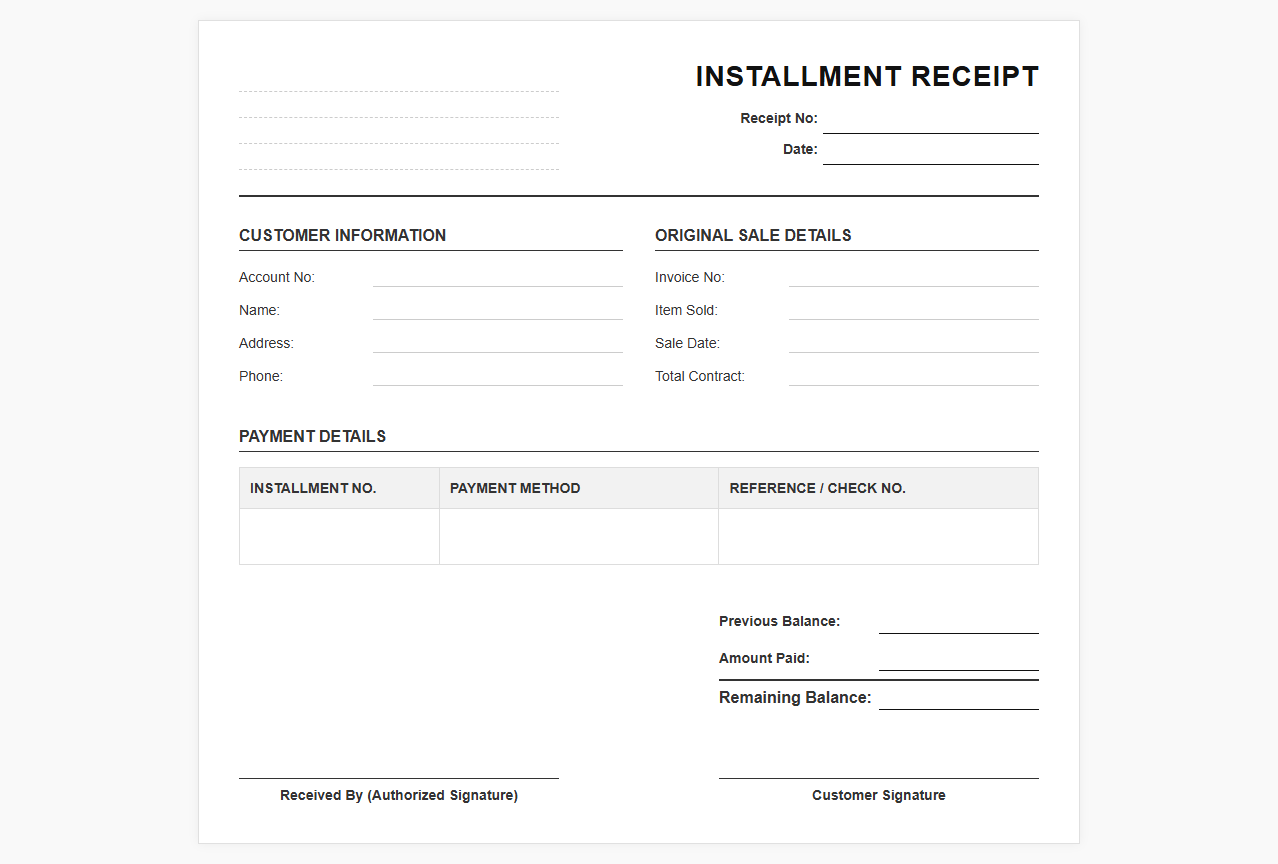 Monthly Installment Sale Receipt