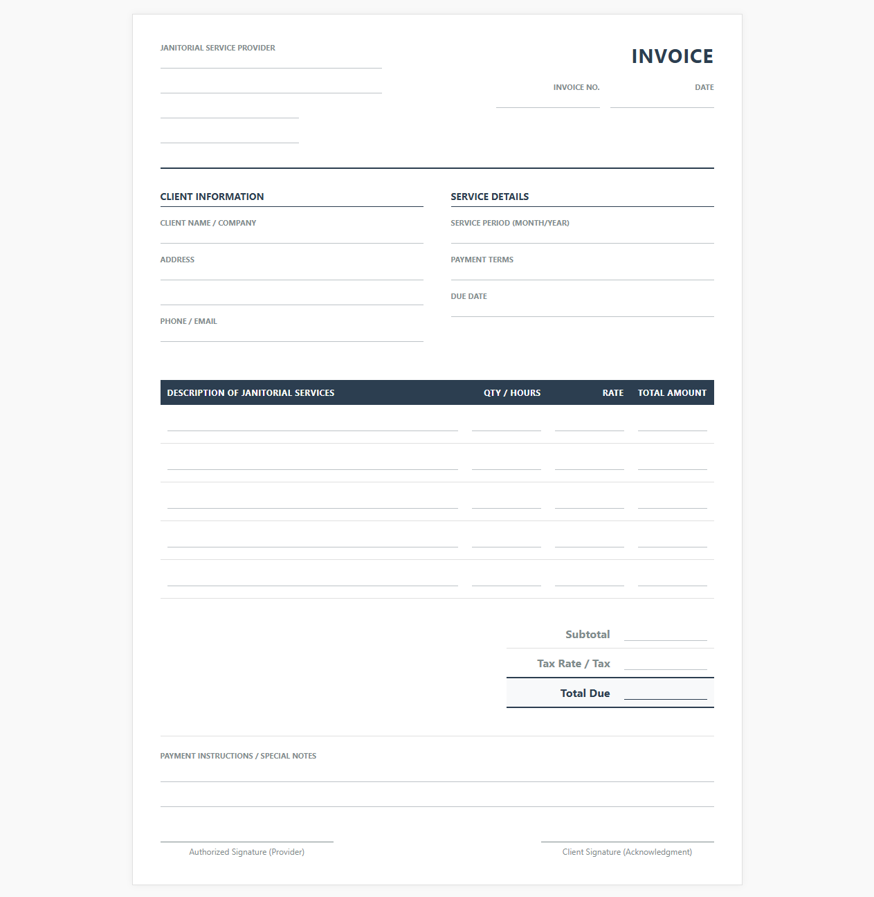 Monthly Janitorial Services Invoice