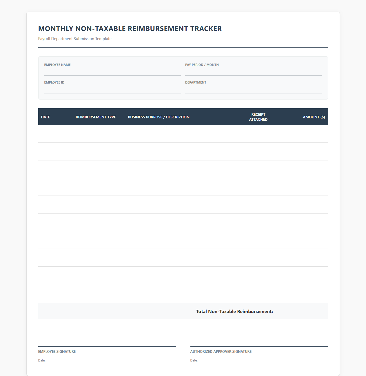 Monthly Non-Taxable Payroll Reimbursement Tracker