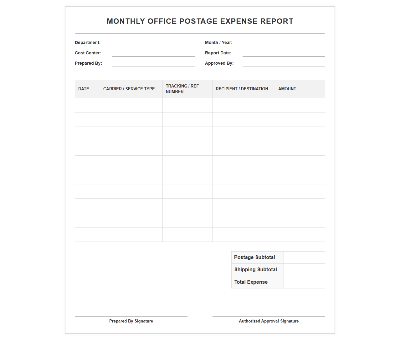 Monthly Office Postage Expense Report