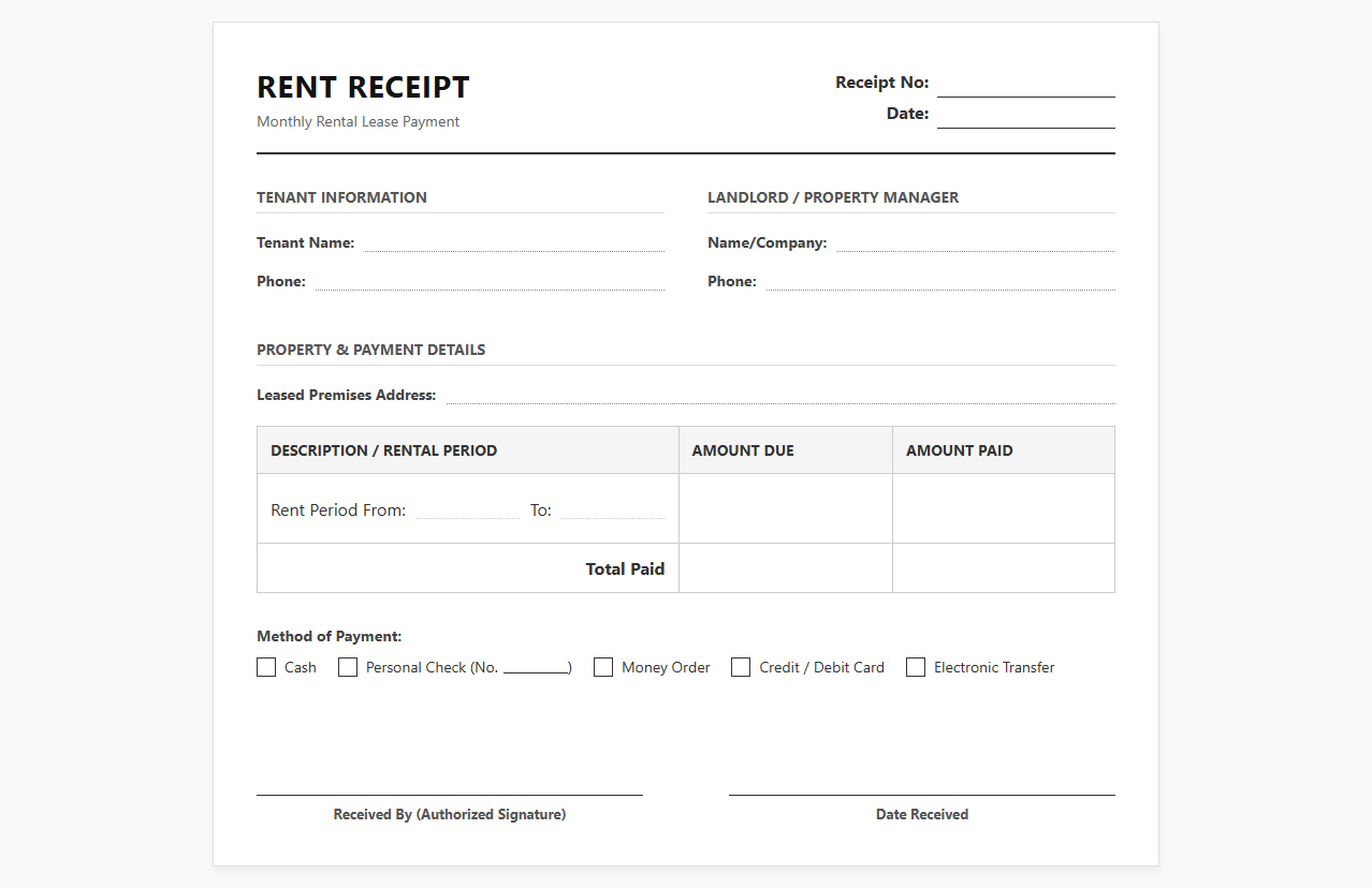 Monthly Rental Lease Payment Receipt Form