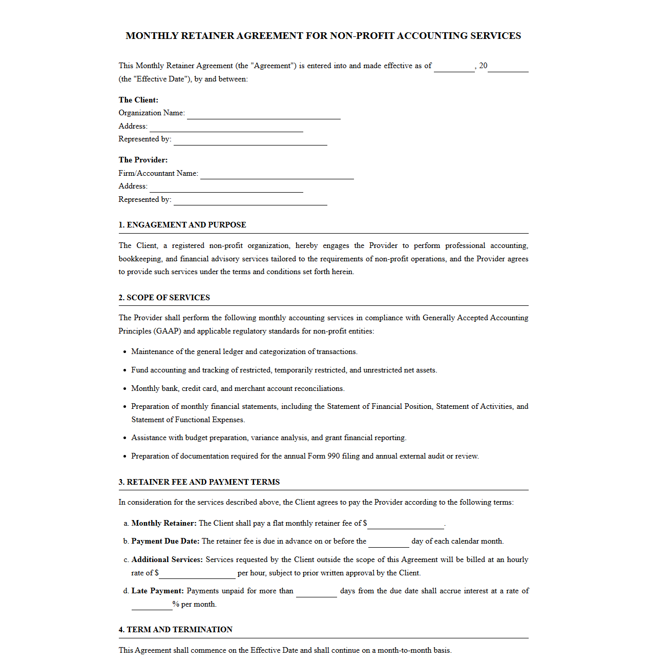 Monthly Retainer Agreement for Non-Profit Accounting