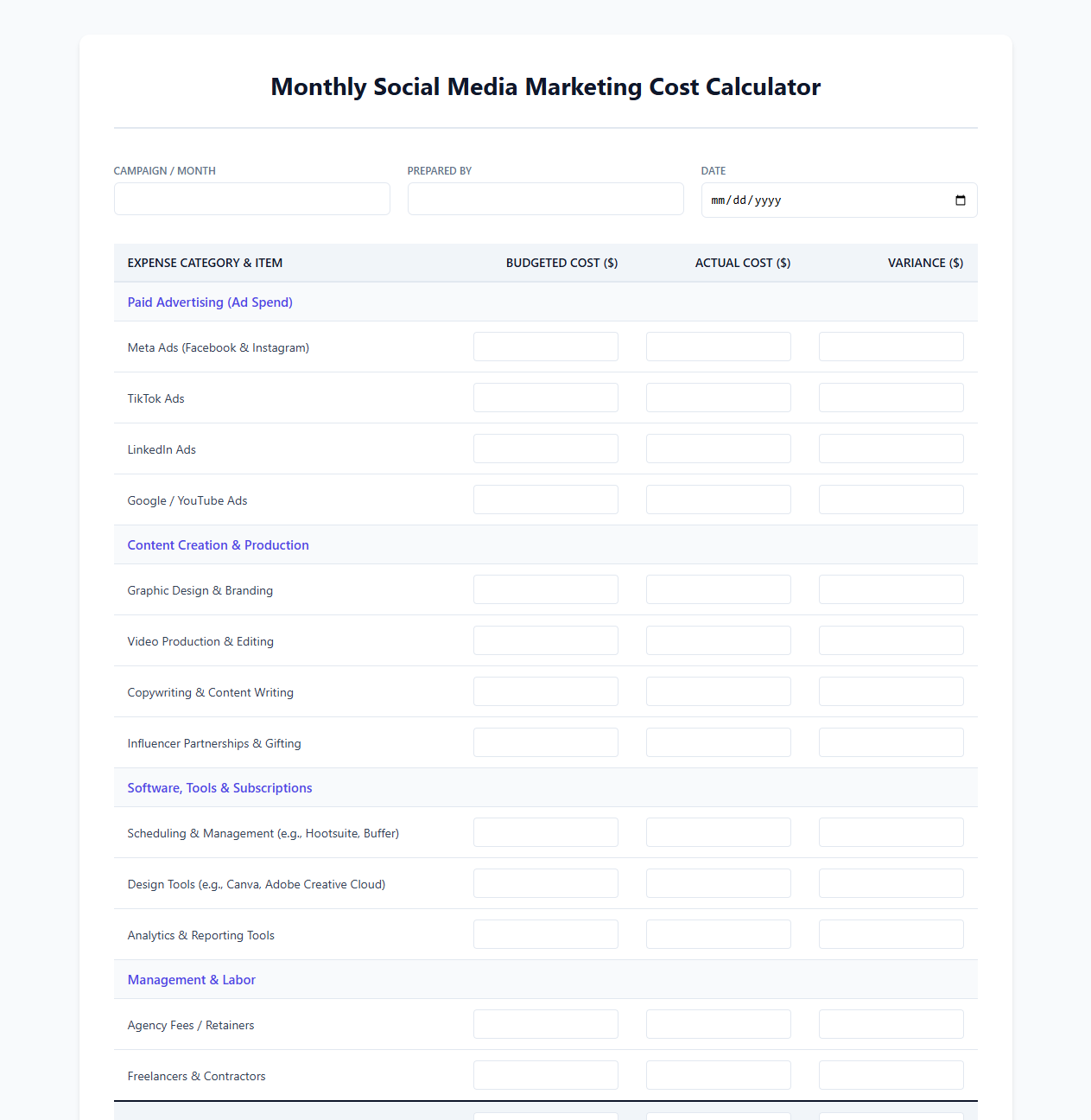 Monthly Social Media Marketing Cost Calculator
