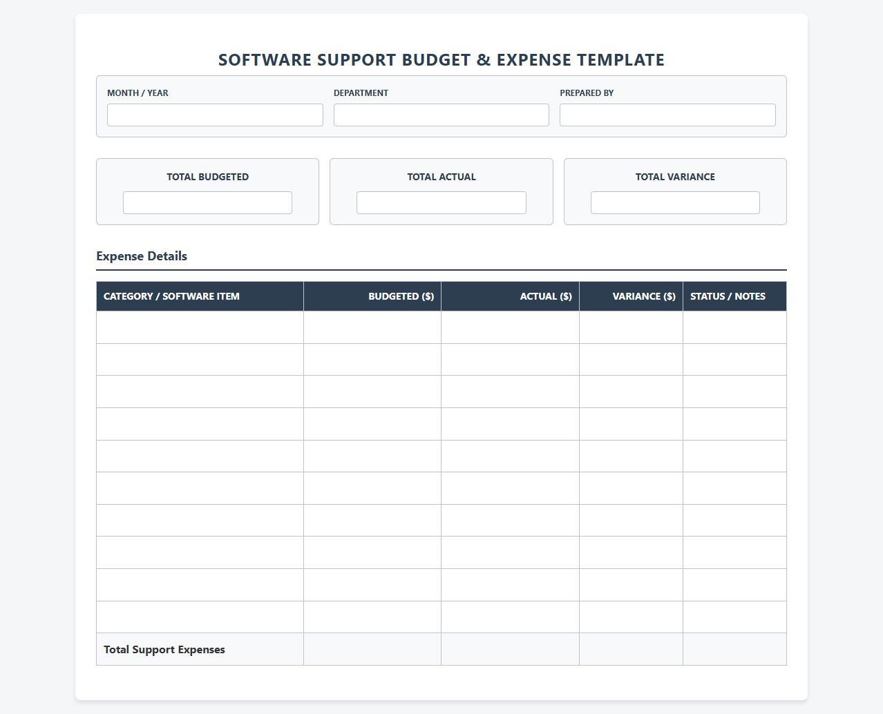 Monthly Software Support Budget and Expense Template