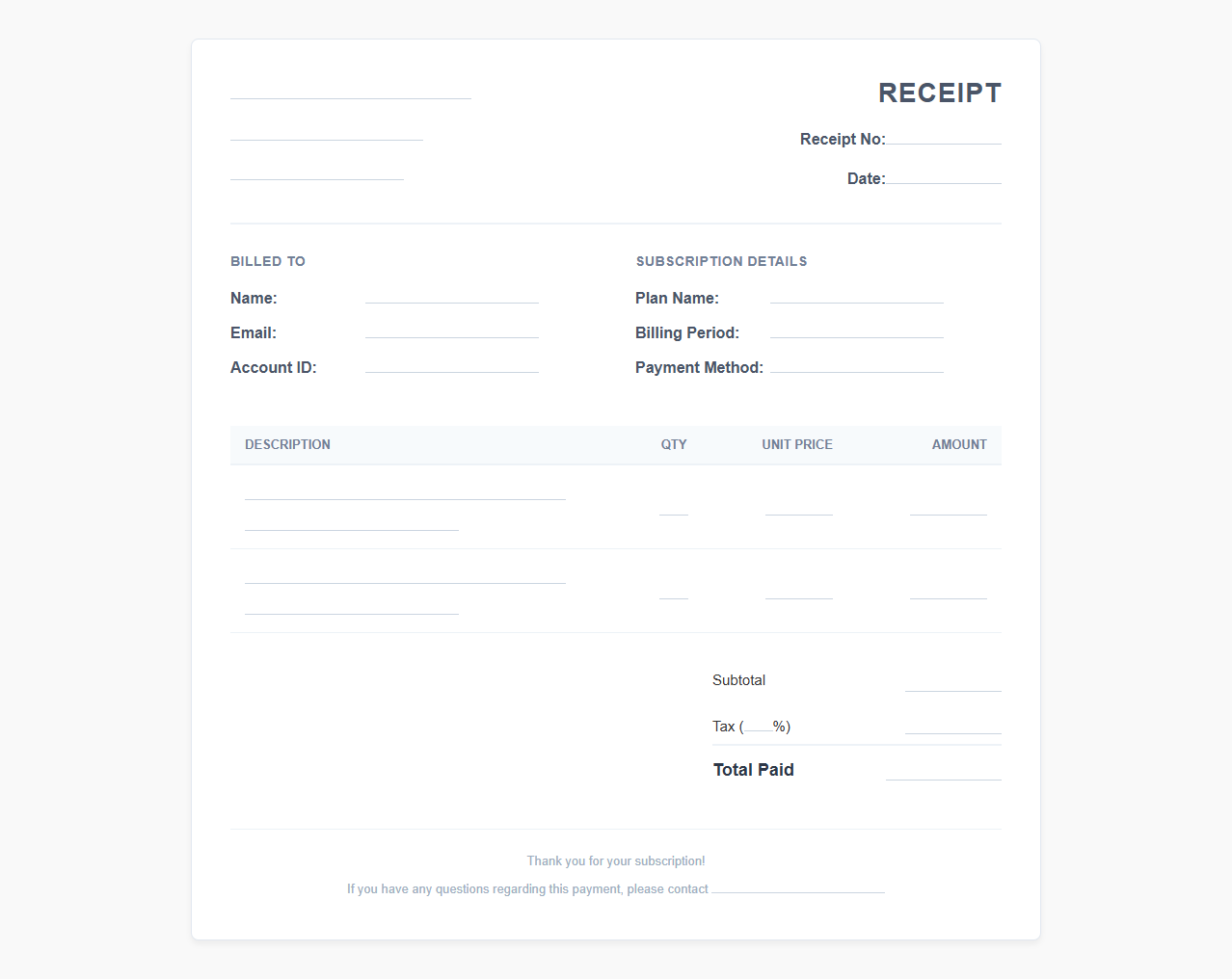 Monthly Subscription Payment Receipt Template