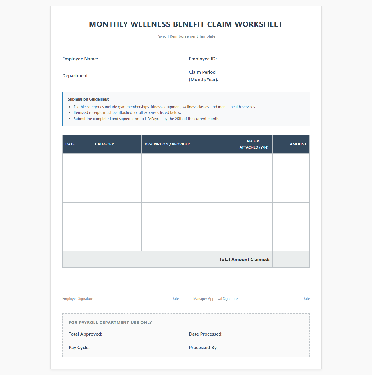 Monthly Wellness Benefit Claim Worksheet