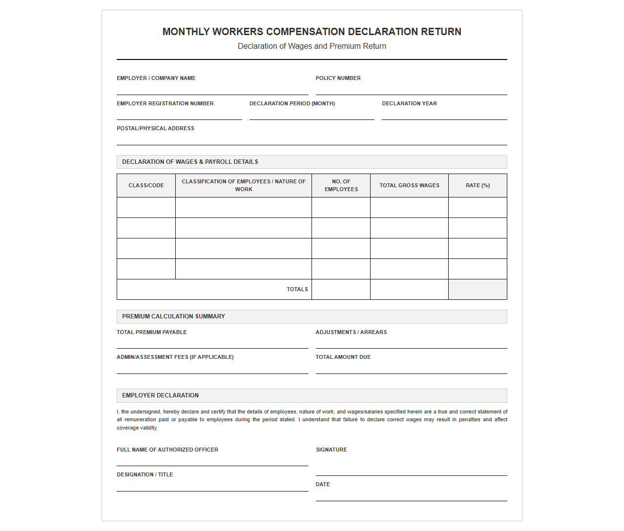 Monthly Workers Compensation Declaration Return