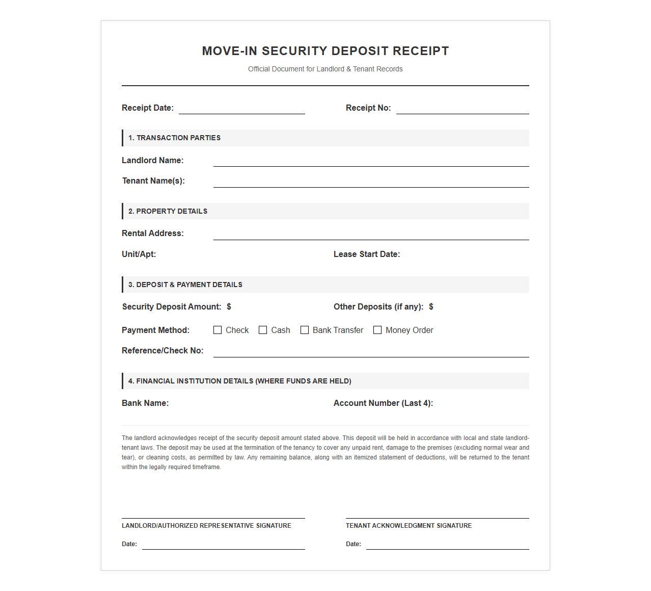 Move-in Security Deposit Receipt for Landlords