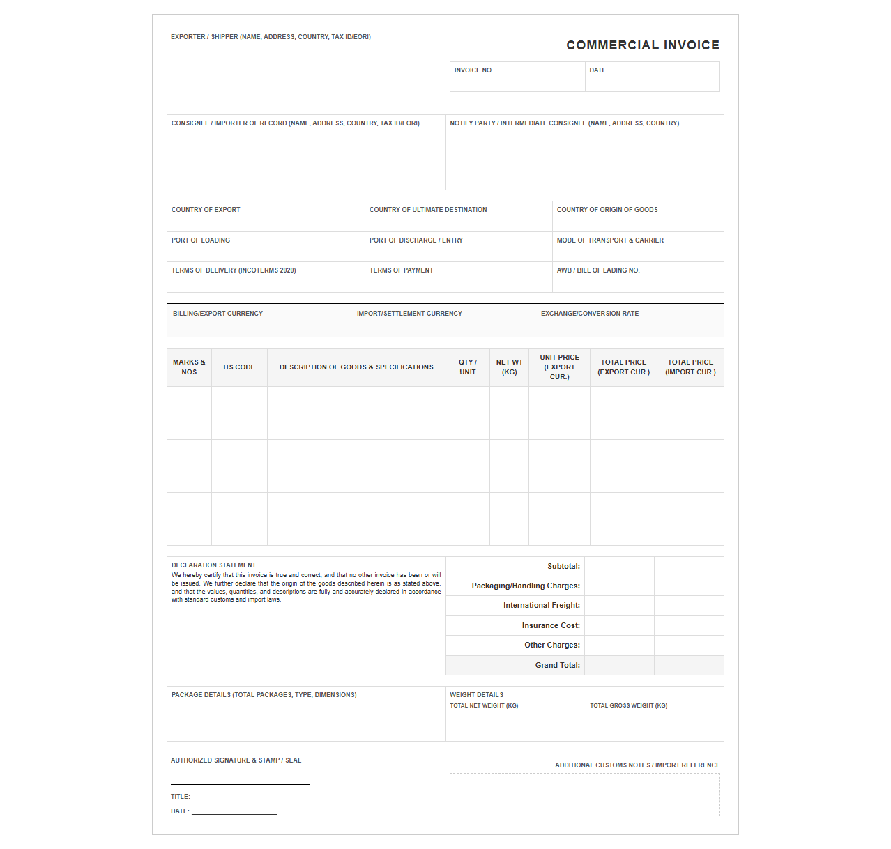 Multi Currency Commercial Import Invoice Template