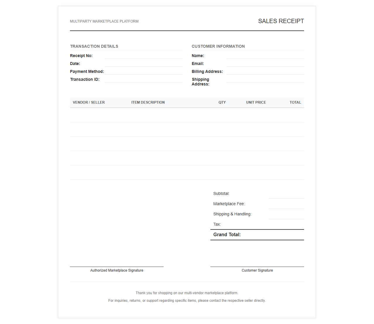 Multi Vendor Marketplace Sales Receipt Template