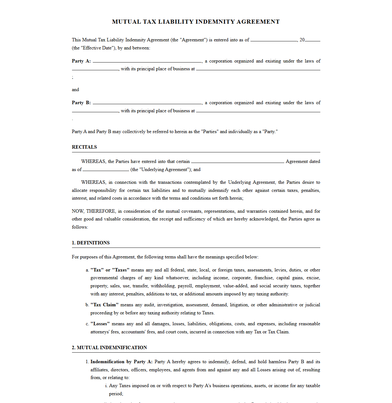 Mutual Tax Liability Indemnity Agreement