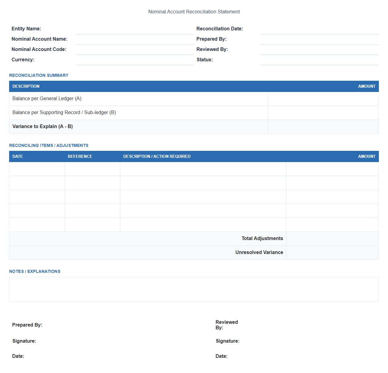 Nominal Account Reconciliation Statement Template