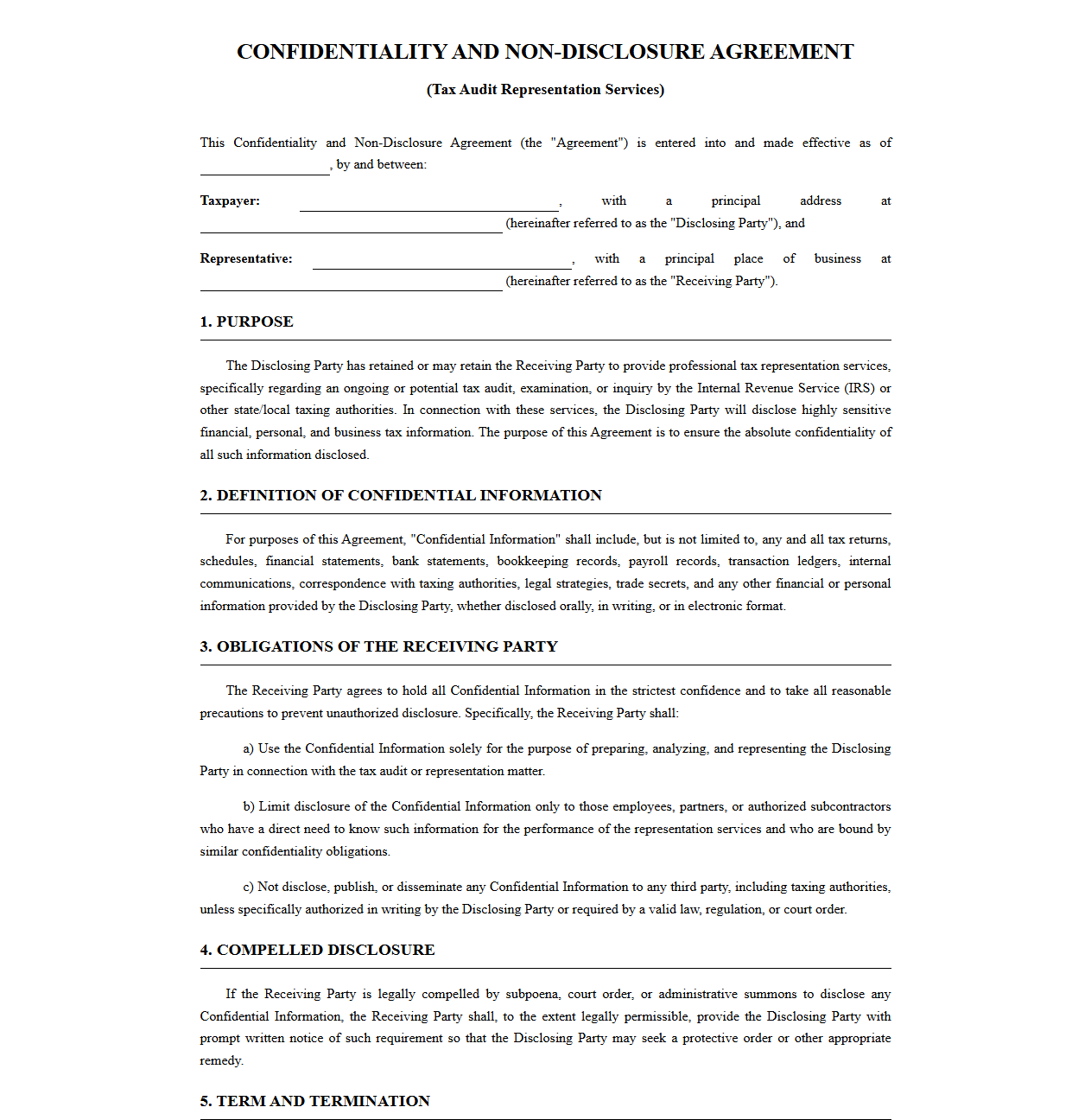 Non-Disclosure Agreement for Tax Representation Services