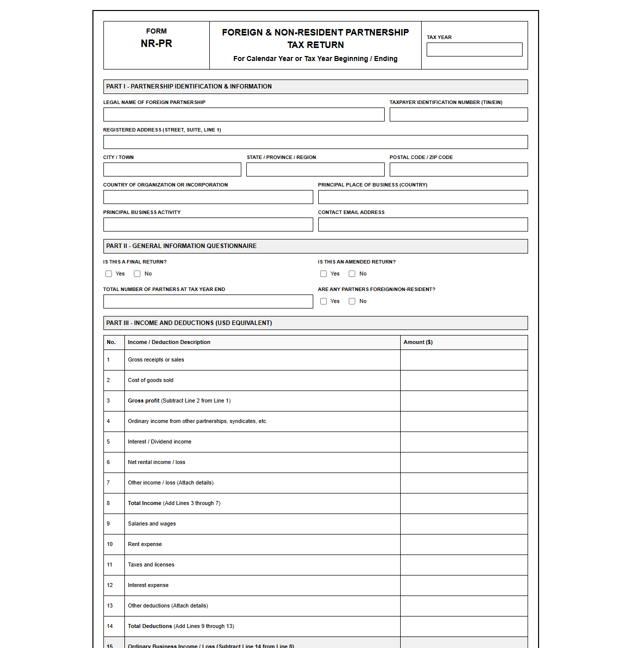 Non-Resident Partnership Tax Return Template