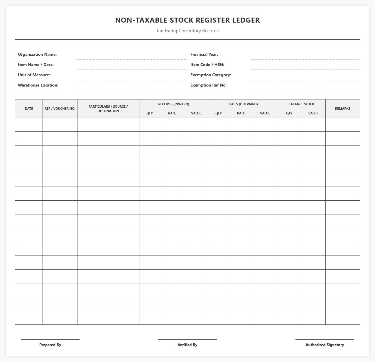 Non-Taxable Stock Register Ledger