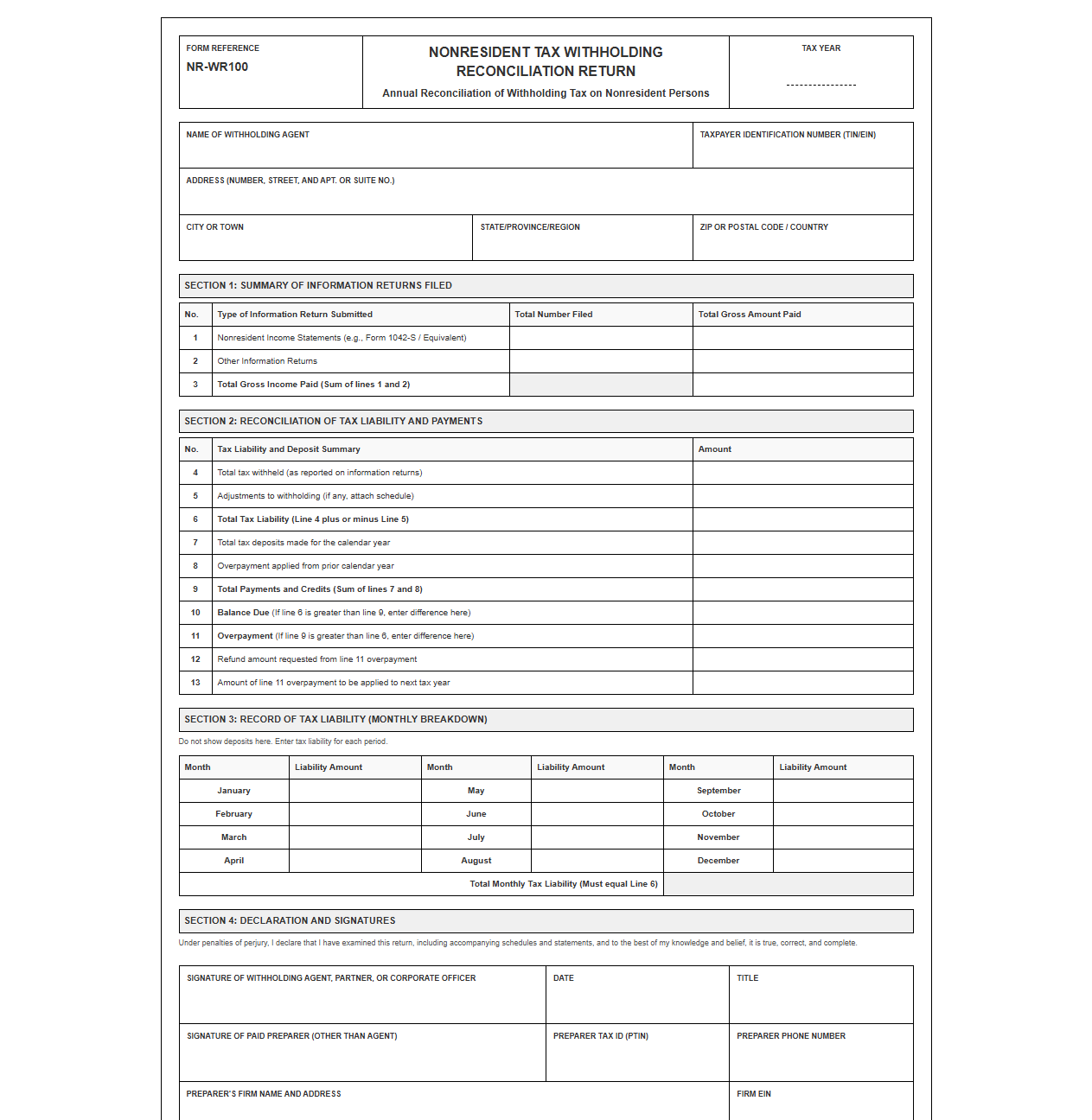 Nonresident Tax Withholding Reconciliation Return