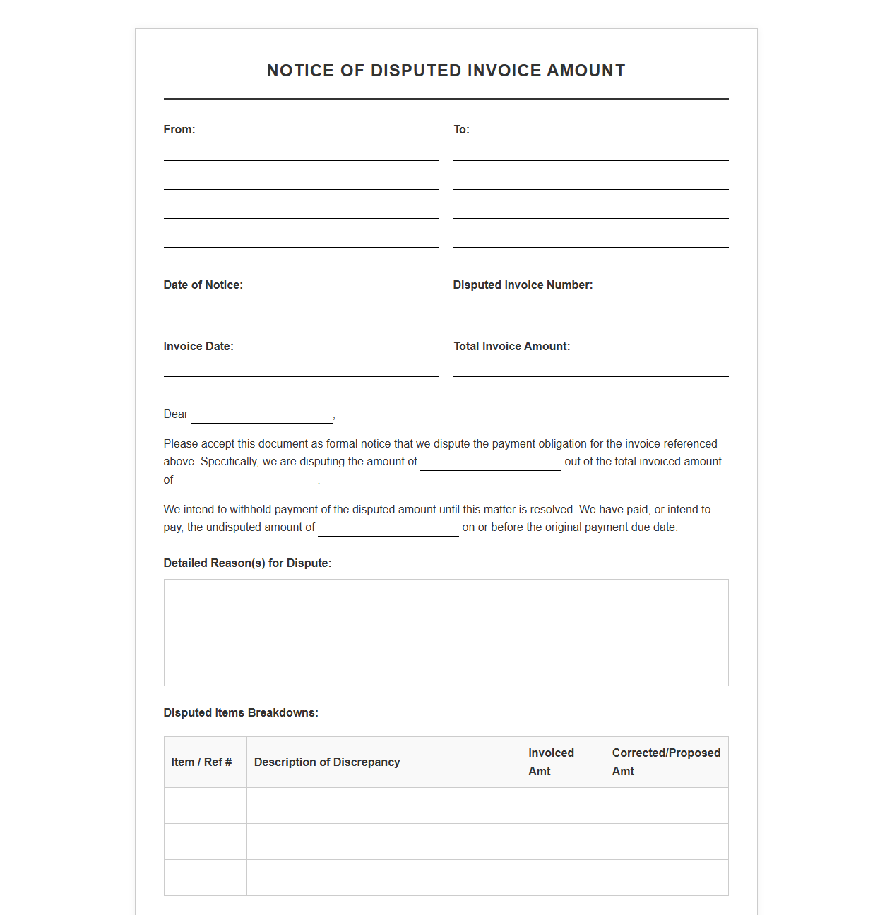 Notice of Disputed Invoice Amount