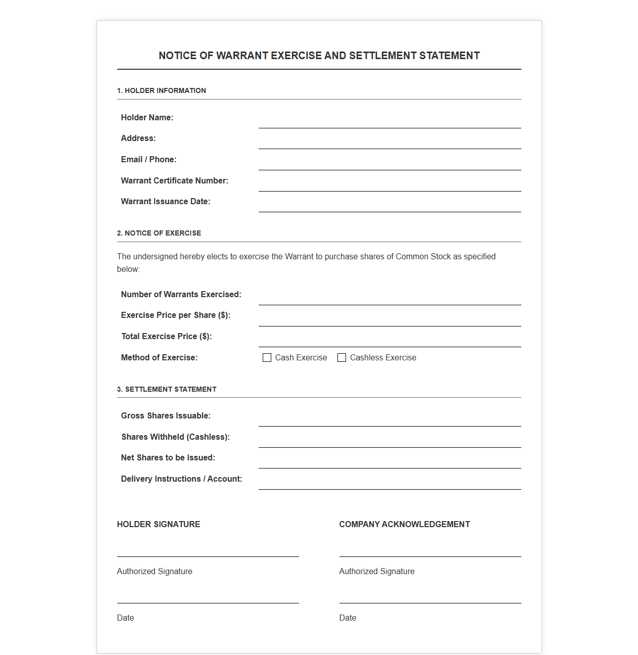 Notice of Warrant Exercise and Settlement Statement