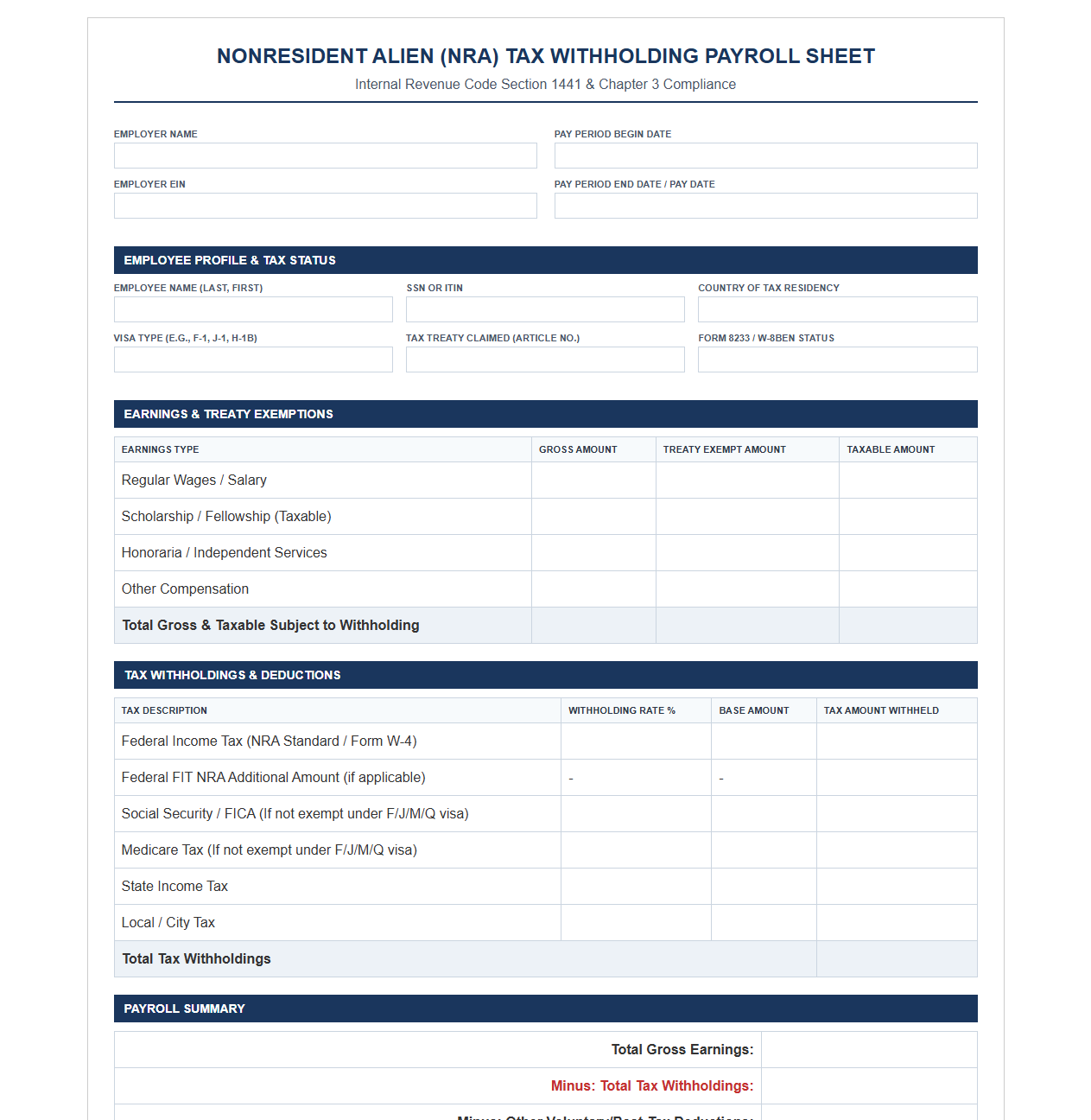NRA Tax Withholding Payroll Sheet