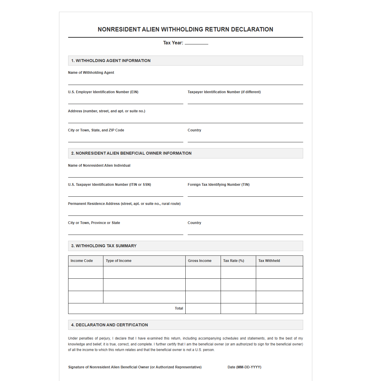 NRA Withholding Return Declaration Template