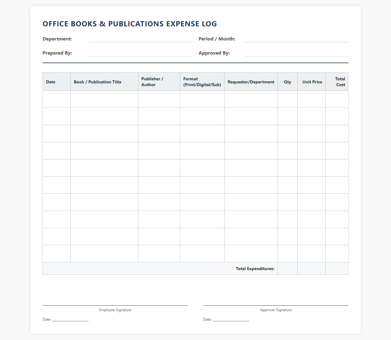 Office Books and Publications Expense Log