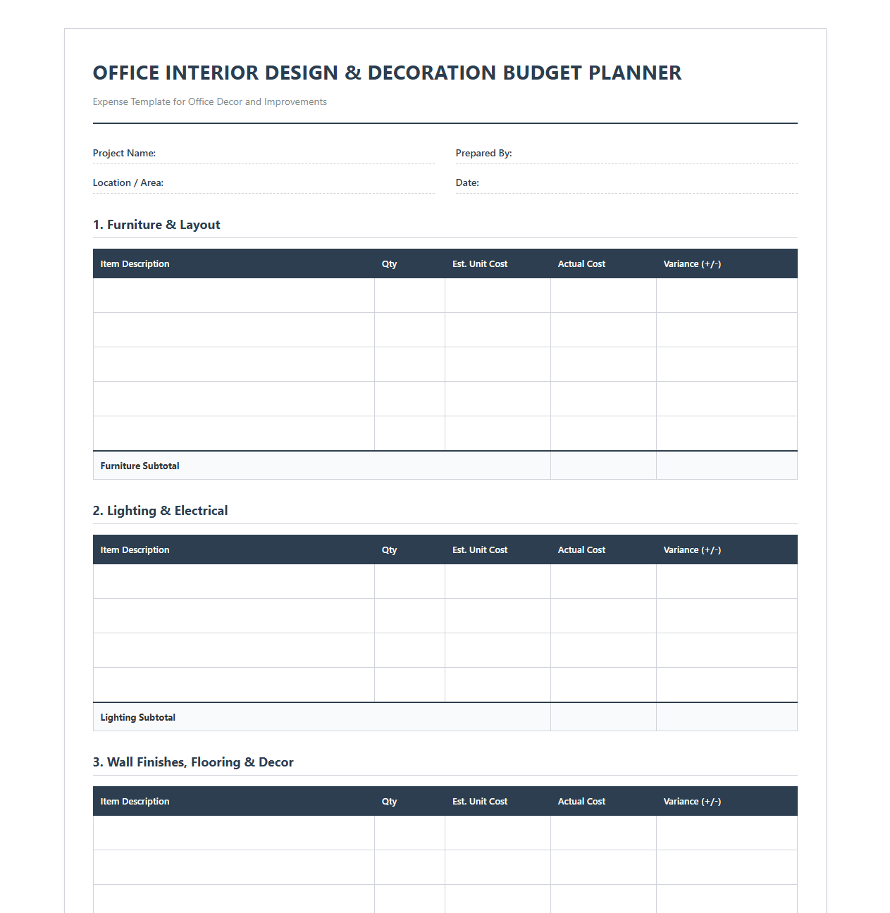 Office Interior Design and Decoration Budget Planner