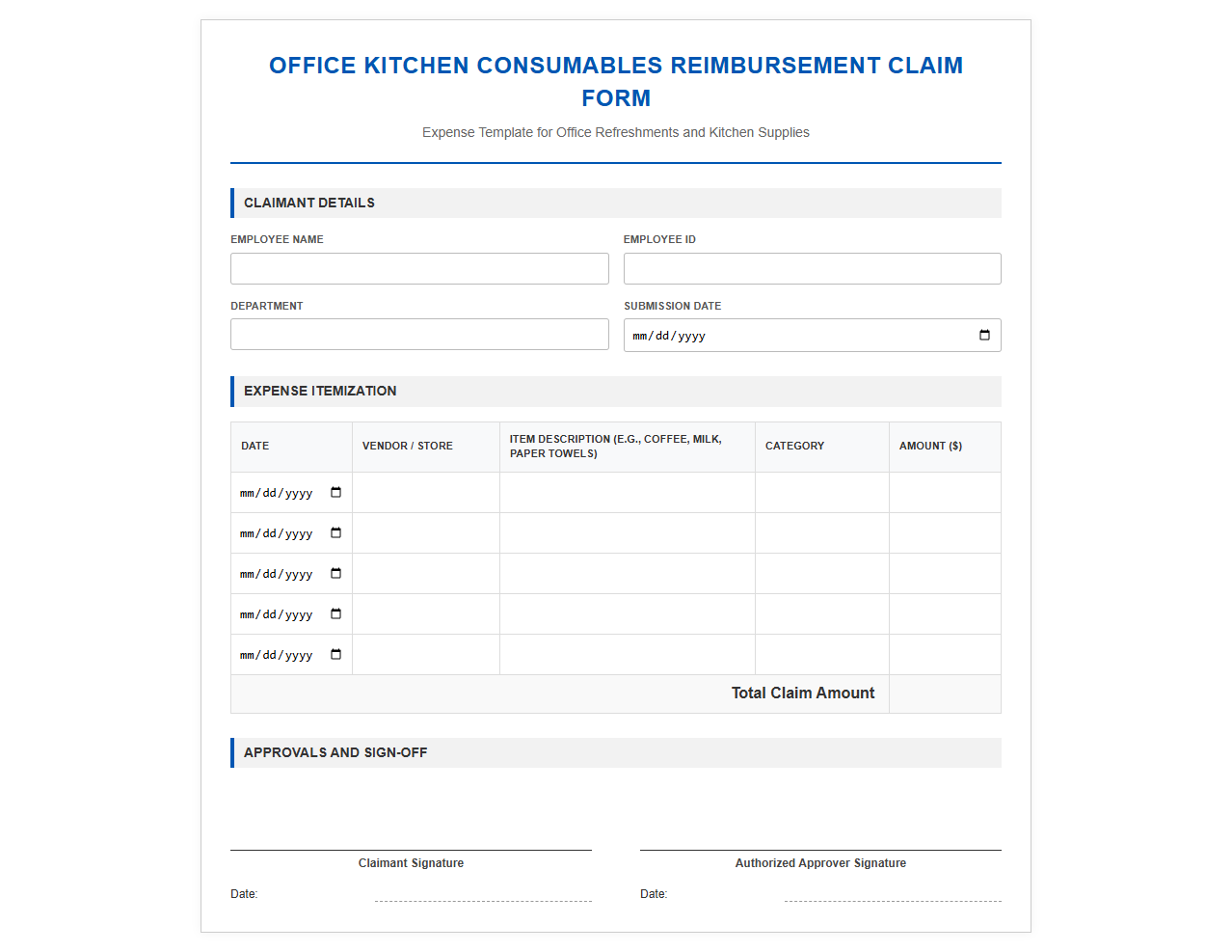 Office Kitchen Consumables Reimbursement Claim Form