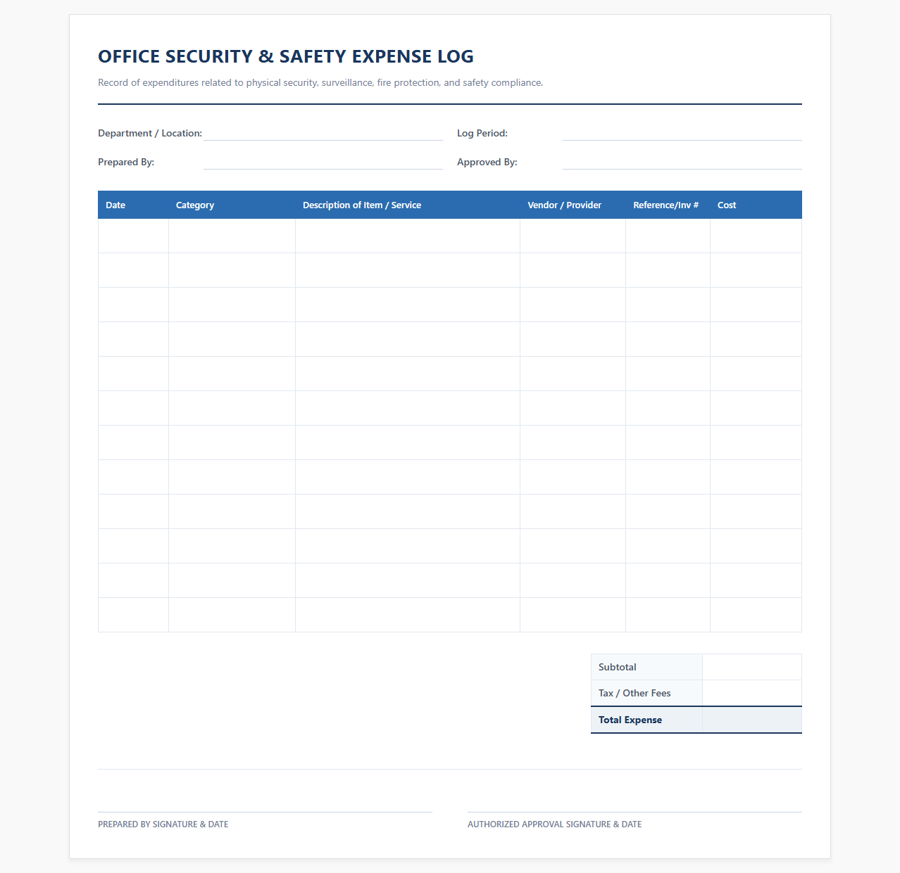 Office Security and Safety Expense Log