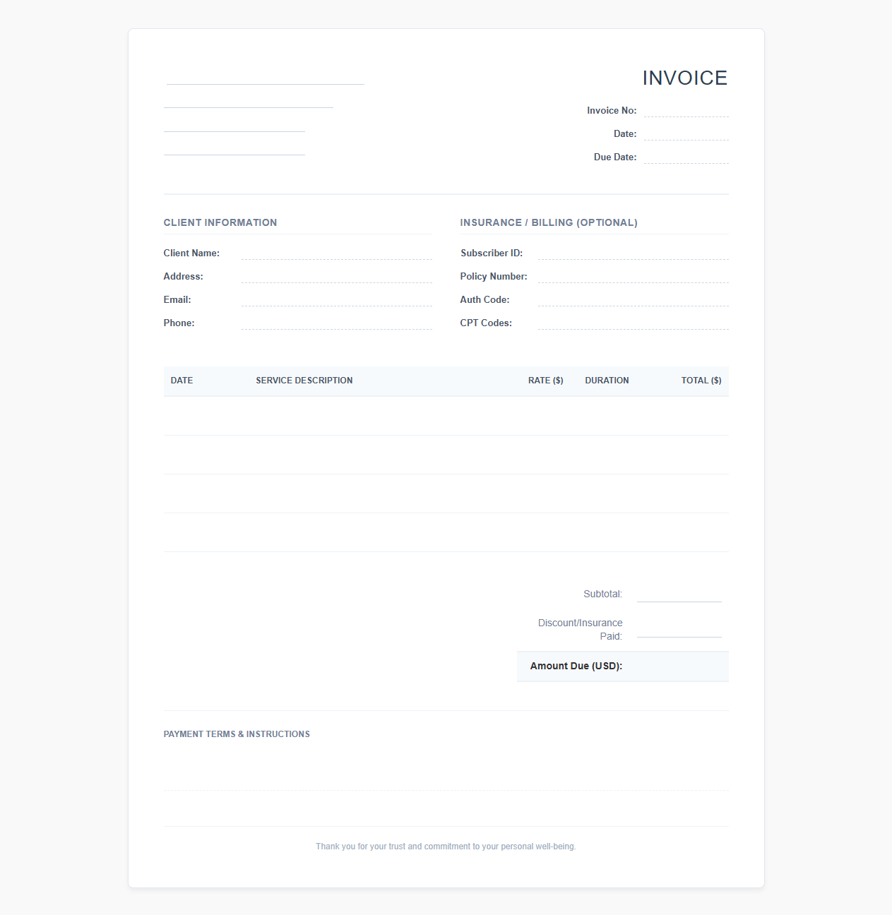 Online Counseling Services Invoice Template