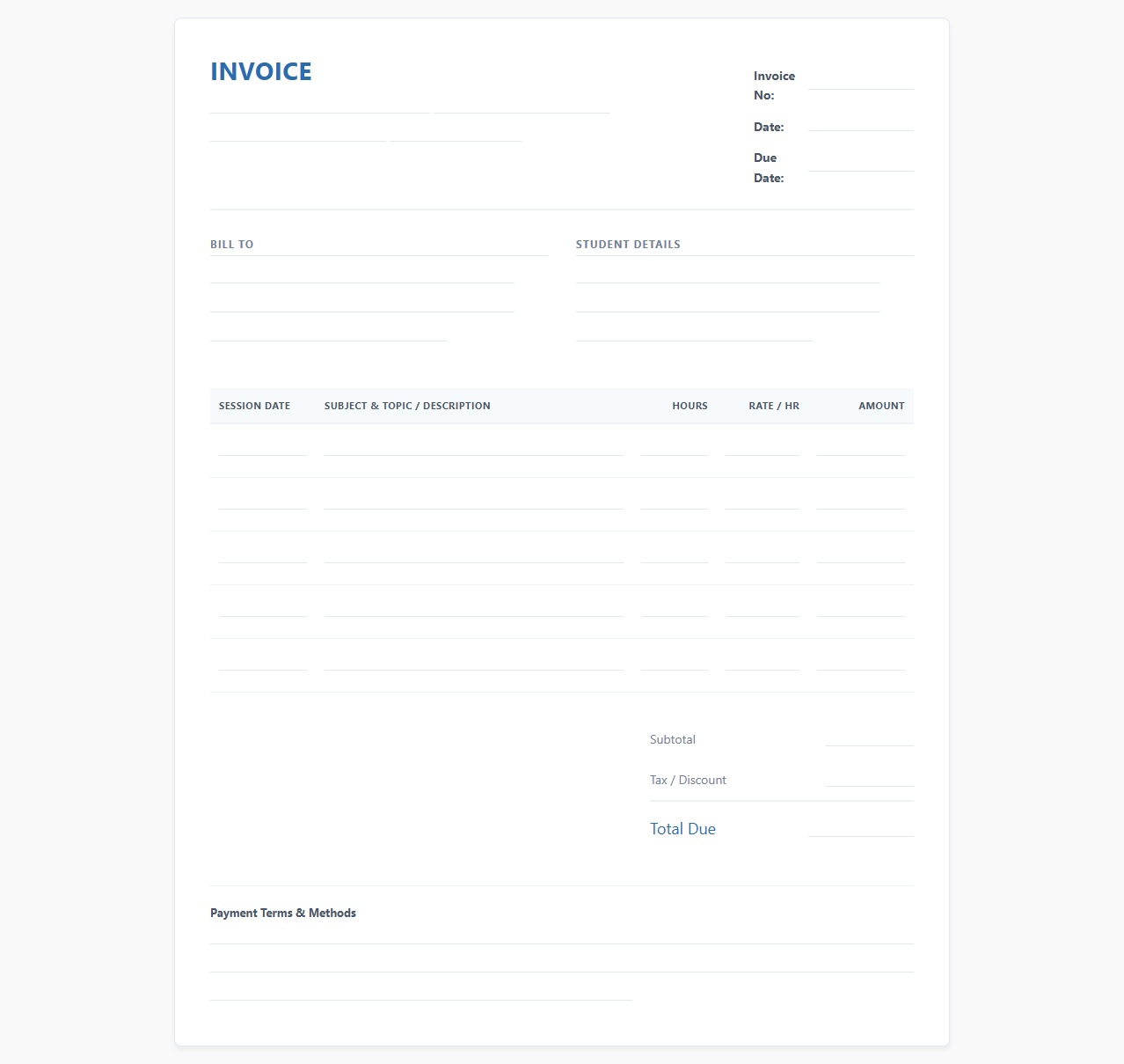 Online Tutoring Session Invoice Template