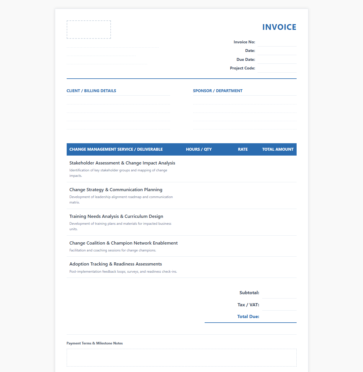 Organizational Change Service Invoice Template
