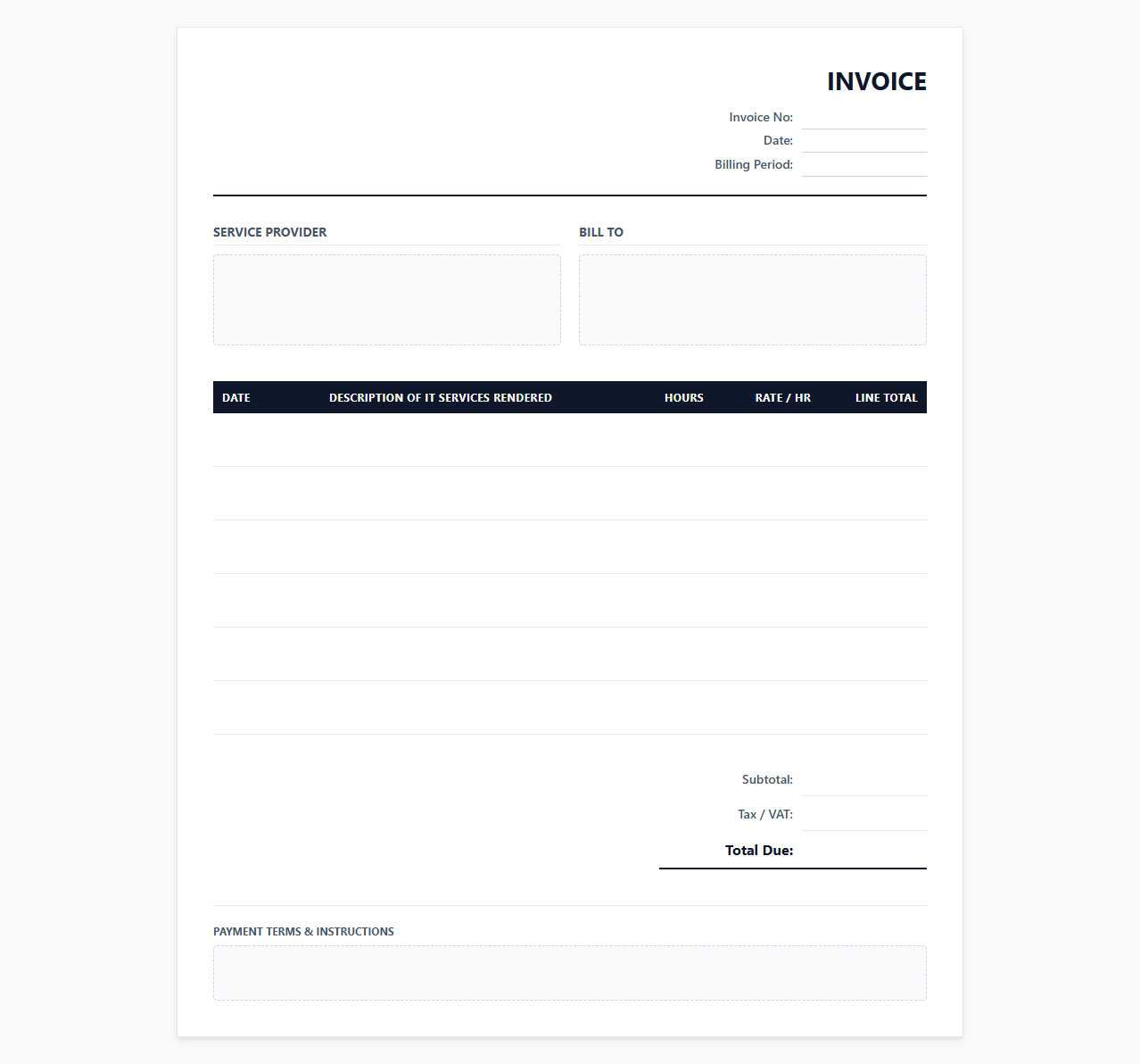 Outsourced IT Support Weekly Billing Template