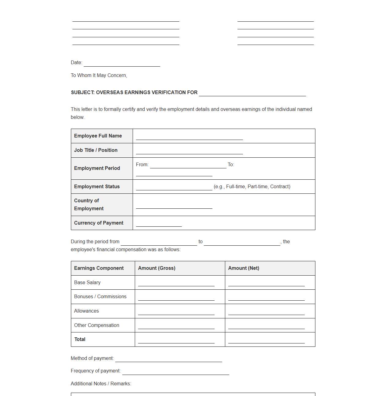 Overseas Earnings Verification Letter Template