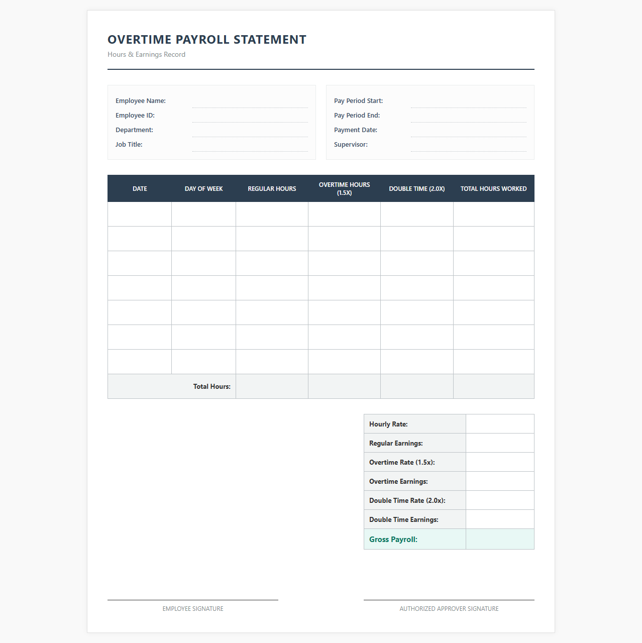 Overtime Payroll Statement for Hours and Pay