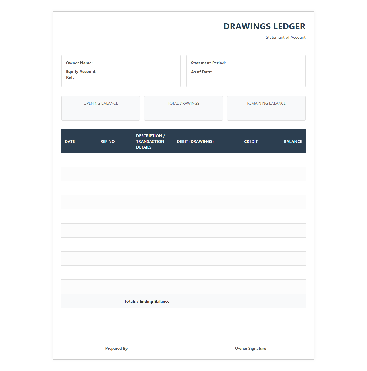 Owner Drawings Ledger Statement Template