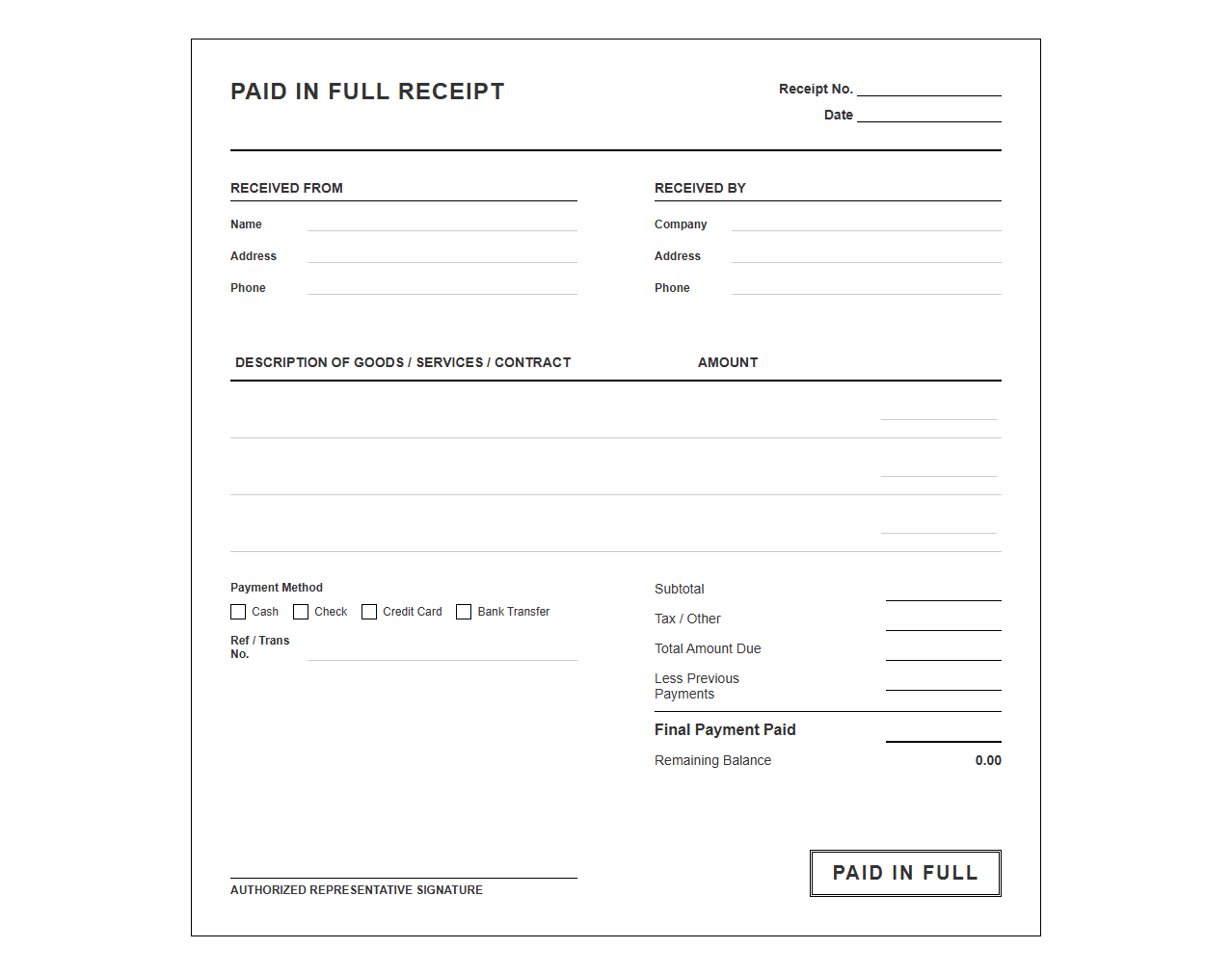 Paid in Full Receipt Template