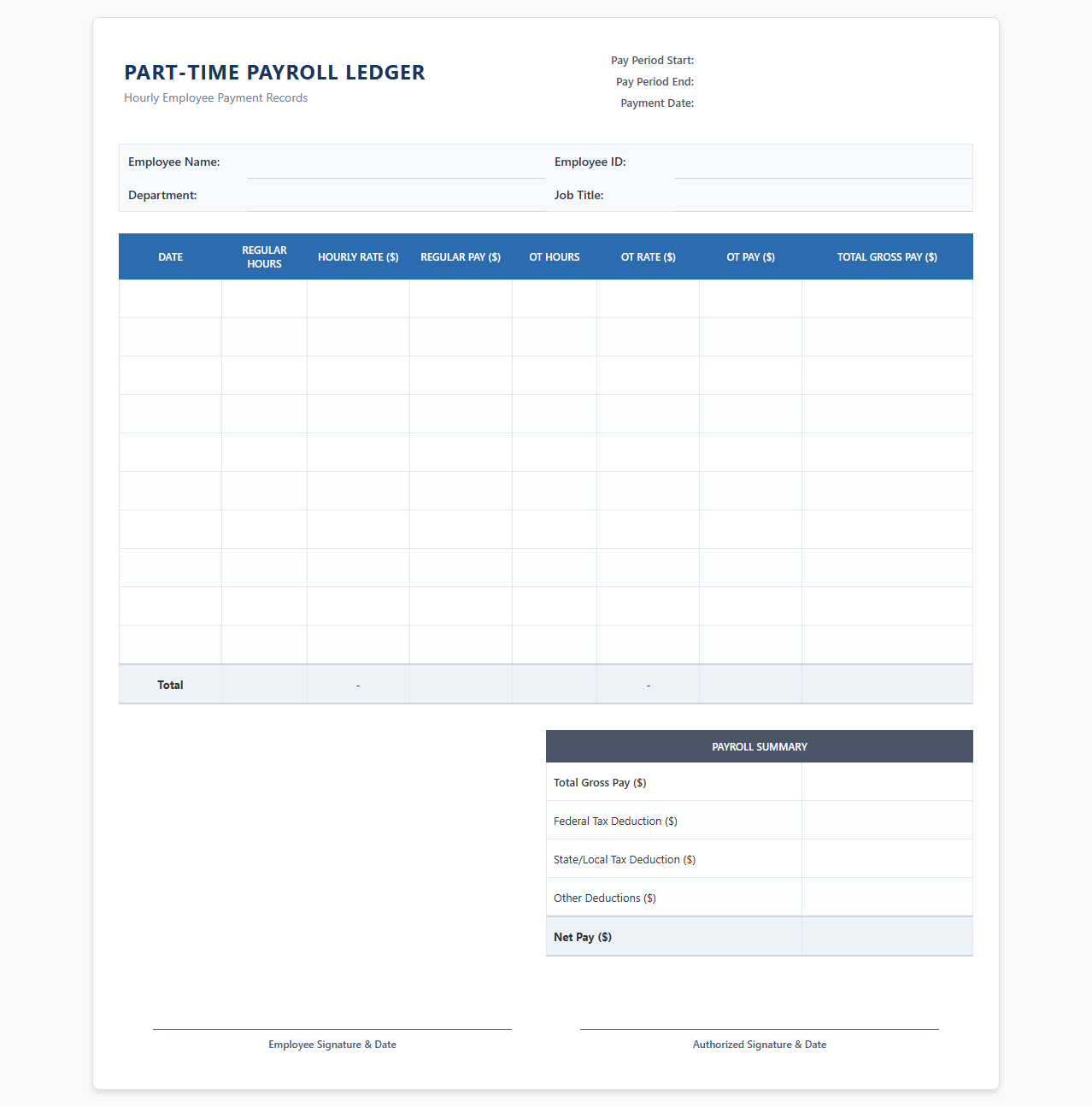 Part-Time Employee Payroll Ledger with Hourly Rates