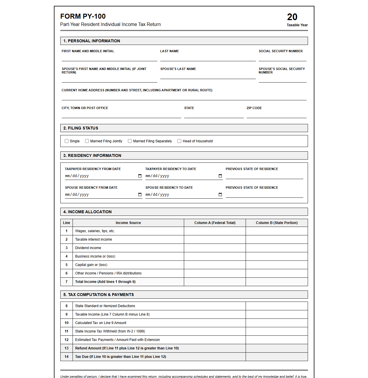 Part-Year Resident Tax Return Template