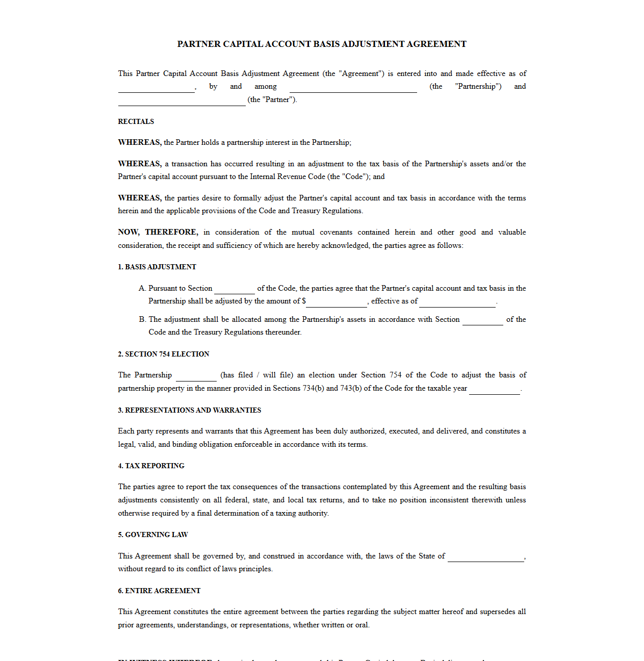 Partner Capital Account Basis Adjustment Agreement