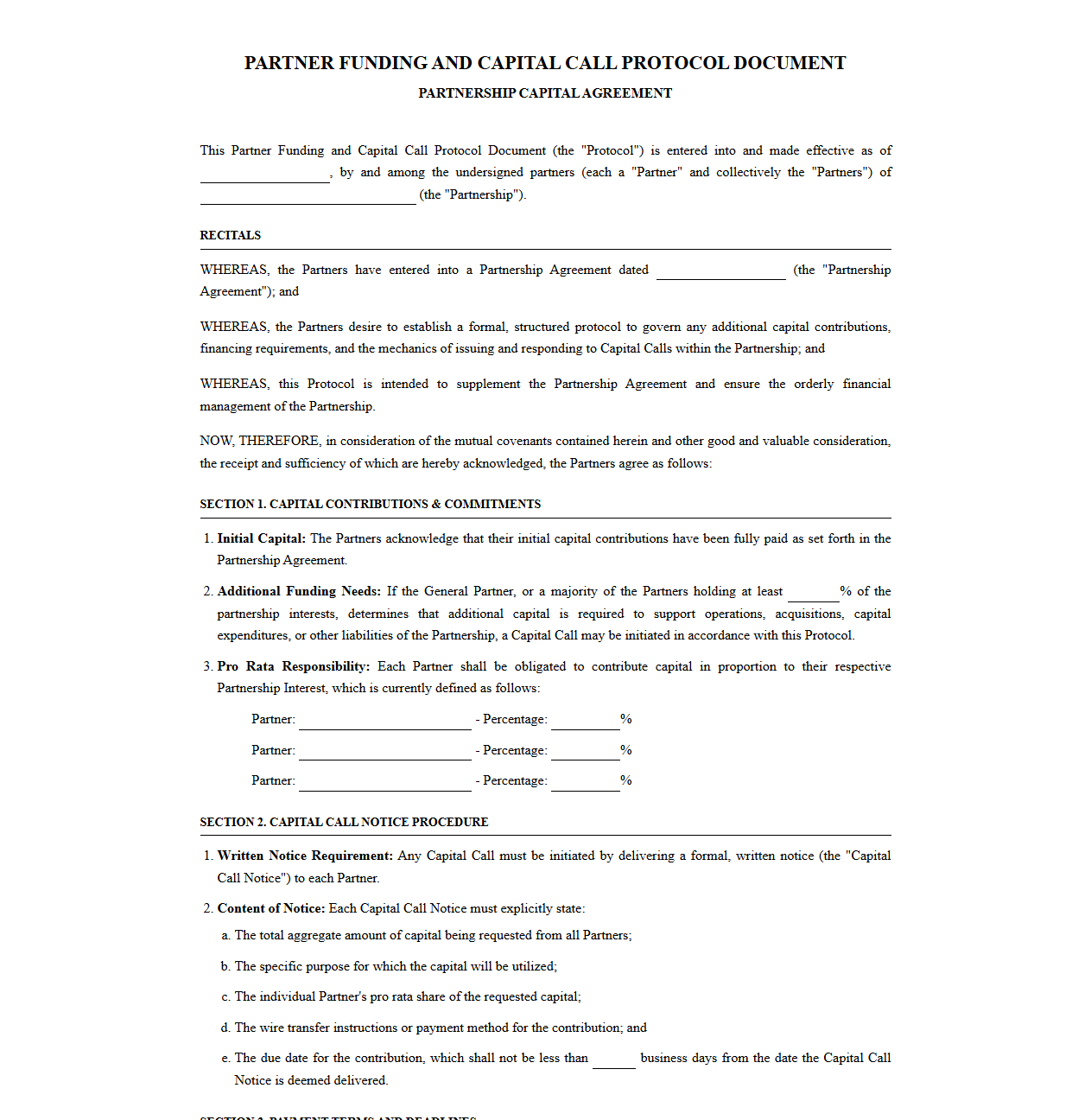 Partner Funding and Capital Call Protocol Document