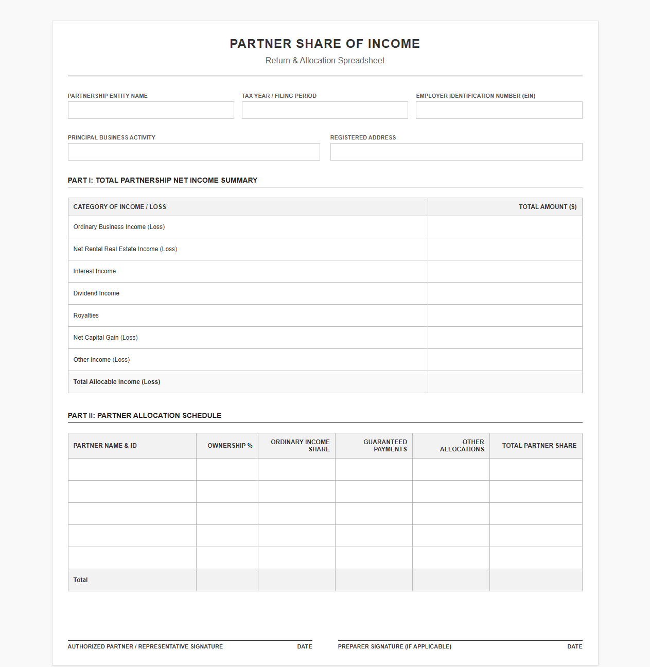 Partner Income Allocation Return Spreadsheet