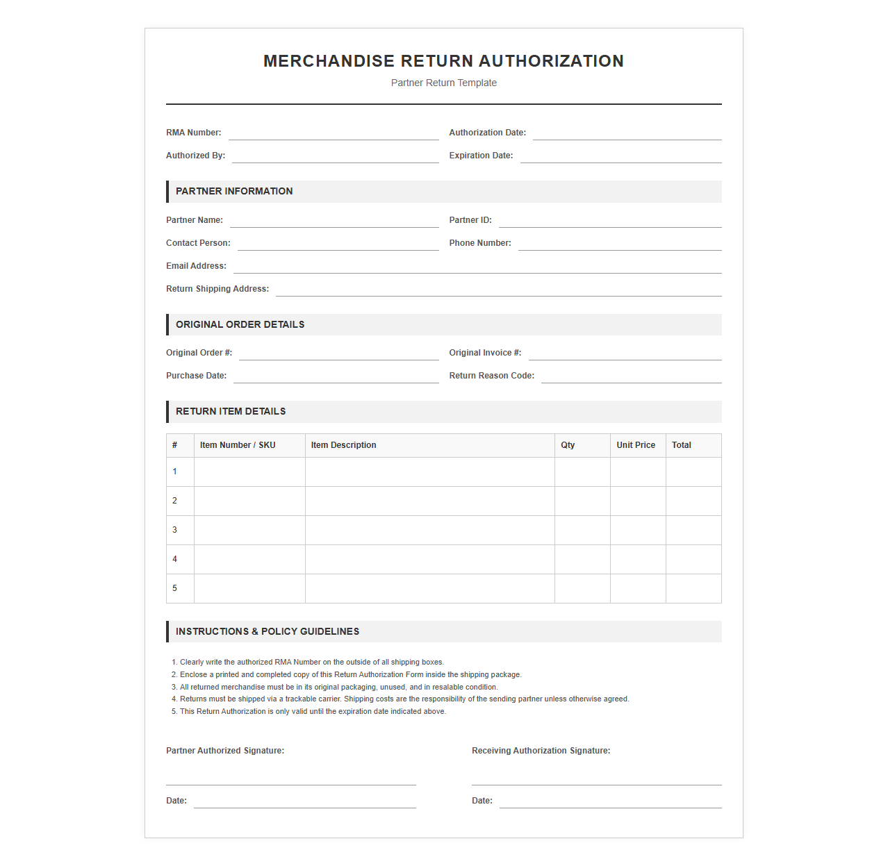 Partner Merchandise Return Authorization Form