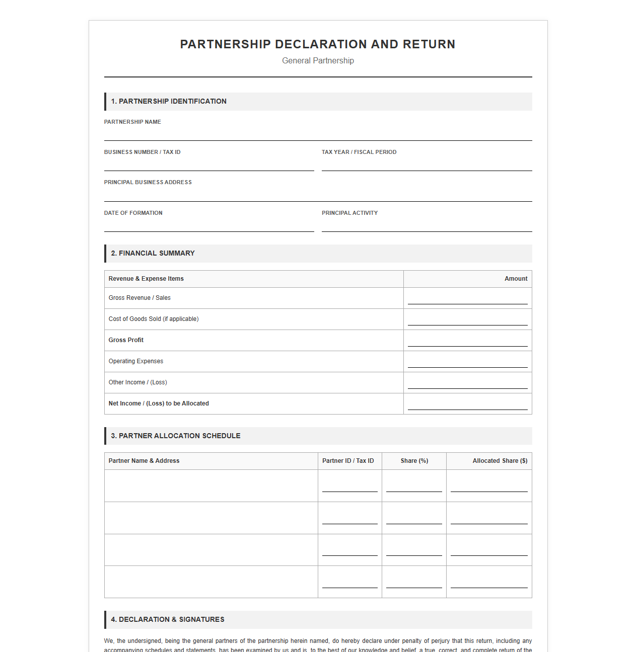 Partnership Declaration and Return Template
