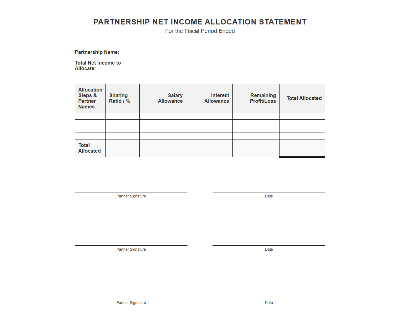 Partnership Net Income Allocation Statement