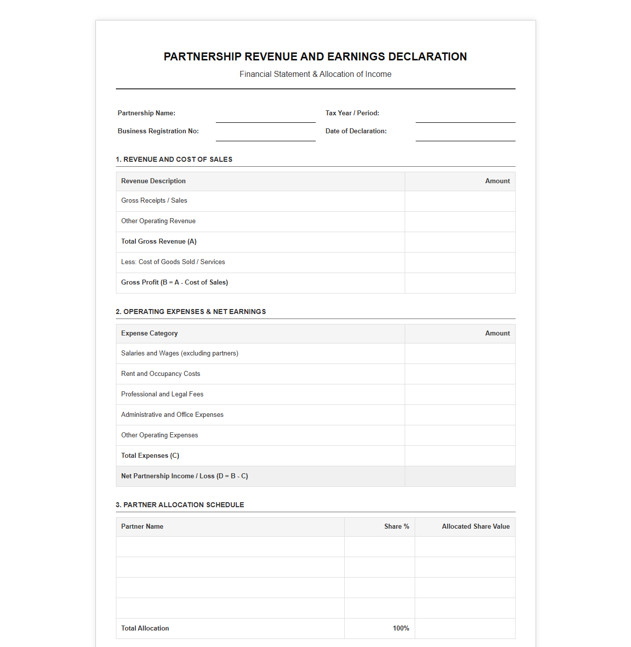 Partnership Revenue and Earnings Declaration